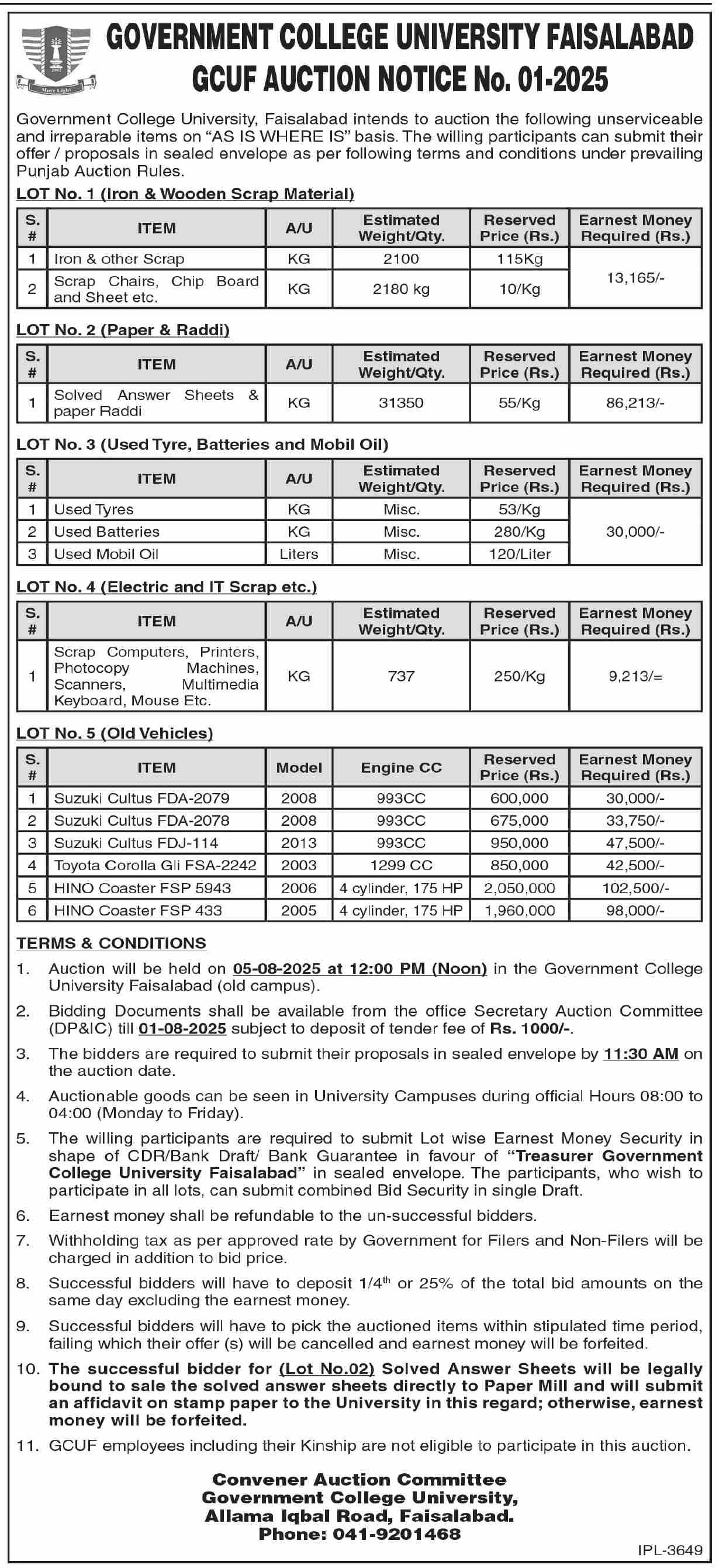 Government College University Faisalabad Tender Notice
